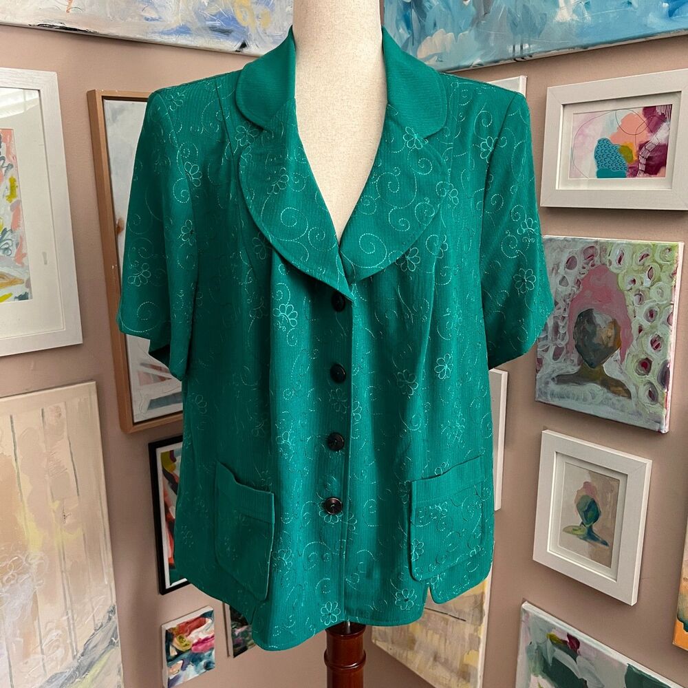 Vintage Prophecy Emerald Green Floral Textured Button Front 90s Blouse 20W Artsy